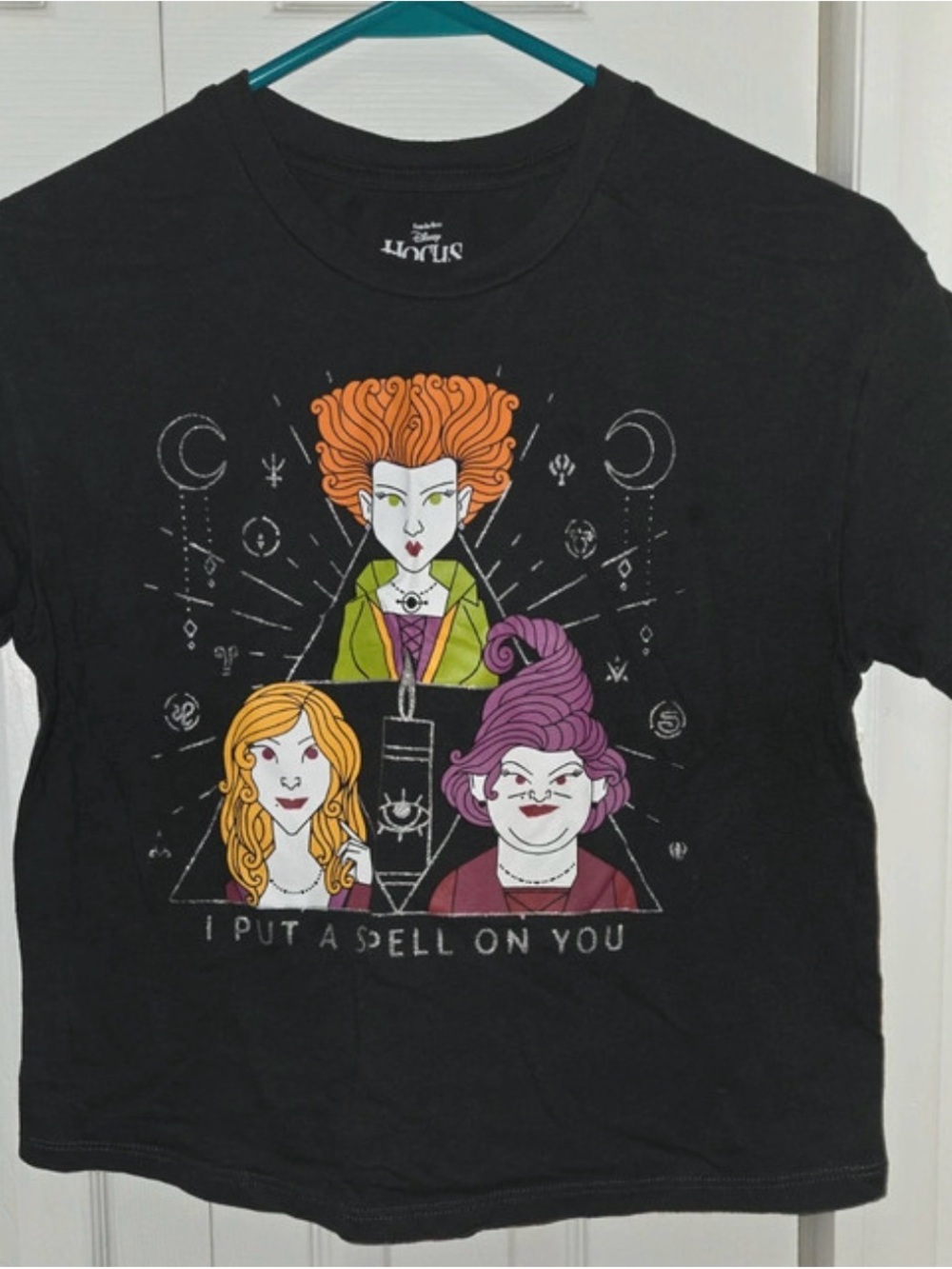 Disney Black Tee Hocus Pocus with Orange, Yellow & Purple Witch Trio Graphic